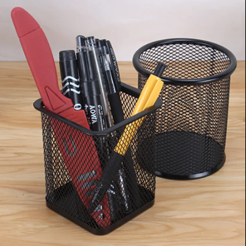 Pencil Holder Office Desk Metal Mesh Square Pen Pot Case Stationery Container Organiser Durable Pencil Case Black