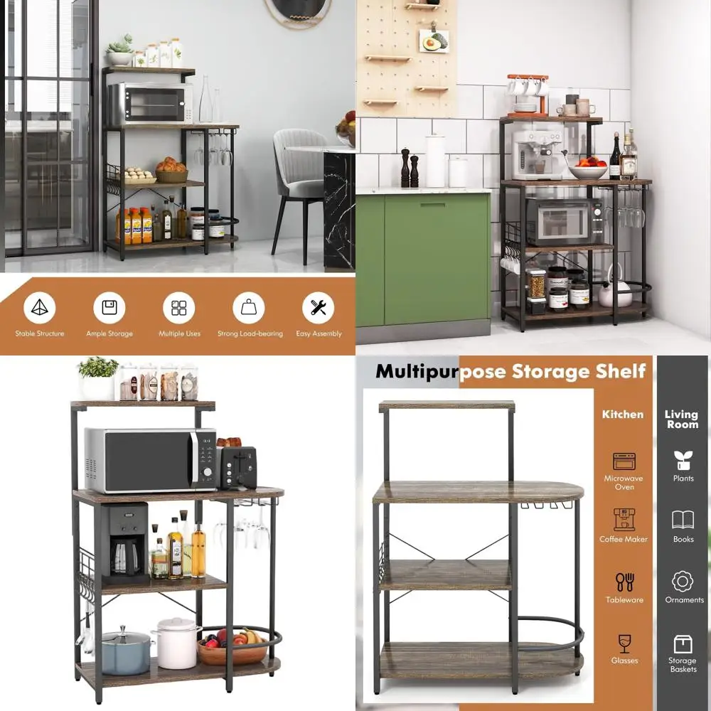 

4-ярусная кухонная полка для хранения с отсоединяемой полкой, подставкой для микроволновки, крючками и держателями для стаканов, цвет: рустик-коричневый