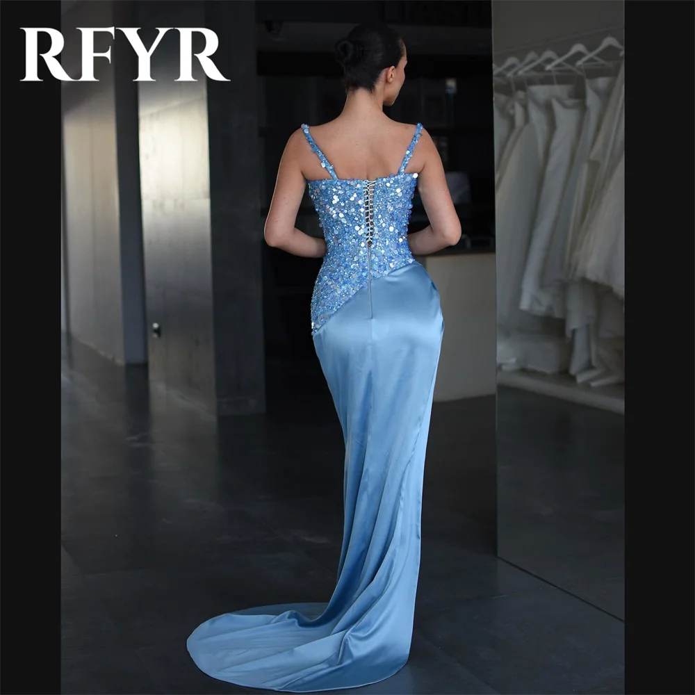 RFYR Light Blue Prom Dress Long Mermaid Spaghetti Straps Sequins Satin 2024فساتين السهرة High Side Slit Sexy Vestido De Festa