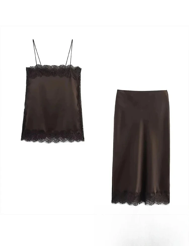 خمر المرأة عادية براون الصلبة الدانتيل دعوى الدانتيل البنطال القصير فضفاض طويل تنورة مستقيمة موضة جديدة عطلة مجموعة #1