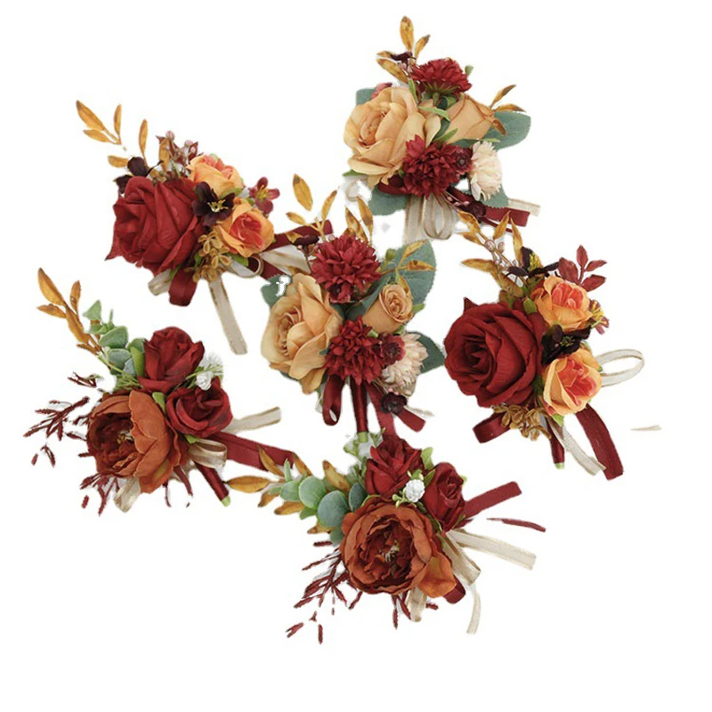 Caramello vino rosso fiore artificiale celebrazione aziendale ospite Boutonniere fiori polso corpetto accessori da sposa