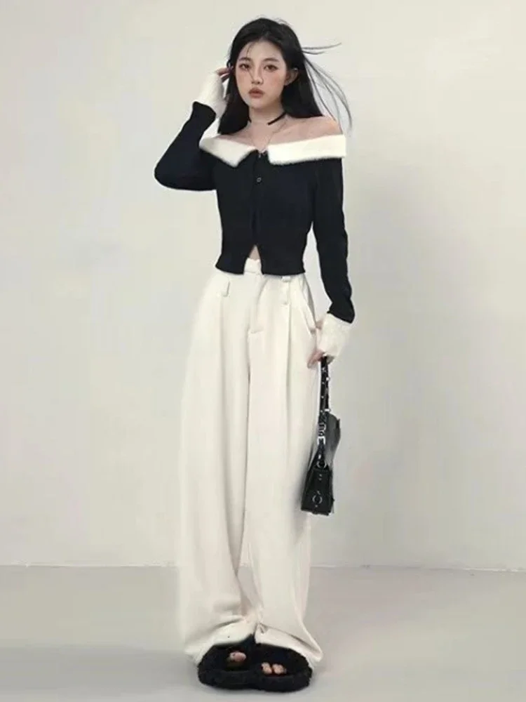 Sexy Off spalla Fluffy Patchwork Slash Neck Cardigan t-shirt donna Contast Color coreano Fashion Slim Cardigan Fairy Cropped