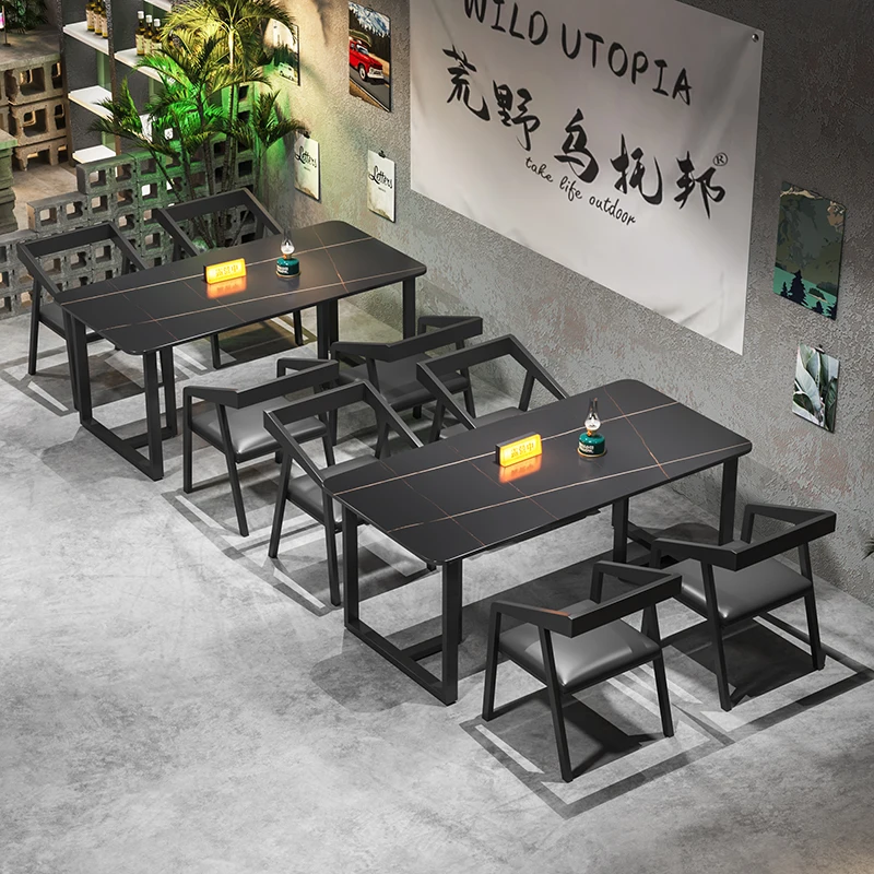 

Retro barbecue bar industrial wind rock slab dining table rectangular wrought iron cafe table and chair combination