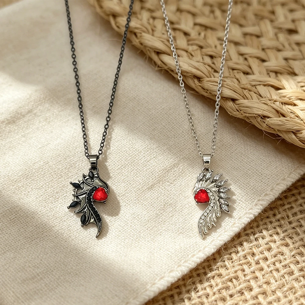 Gothic Style Black and Silver Two-Tone Angel and Demon Wings Red Love Heart Couple Necklace, Asymmetrical Feather Wings with Diamonds, Niche Confession Clavicle Chain
