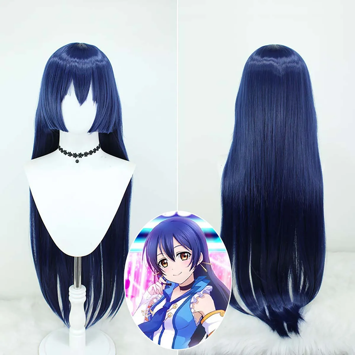 Halloween Party Women Love Live Umi Sonoda Cosplay Long Blue Black Heat Resistant Synthetic Hair Wig