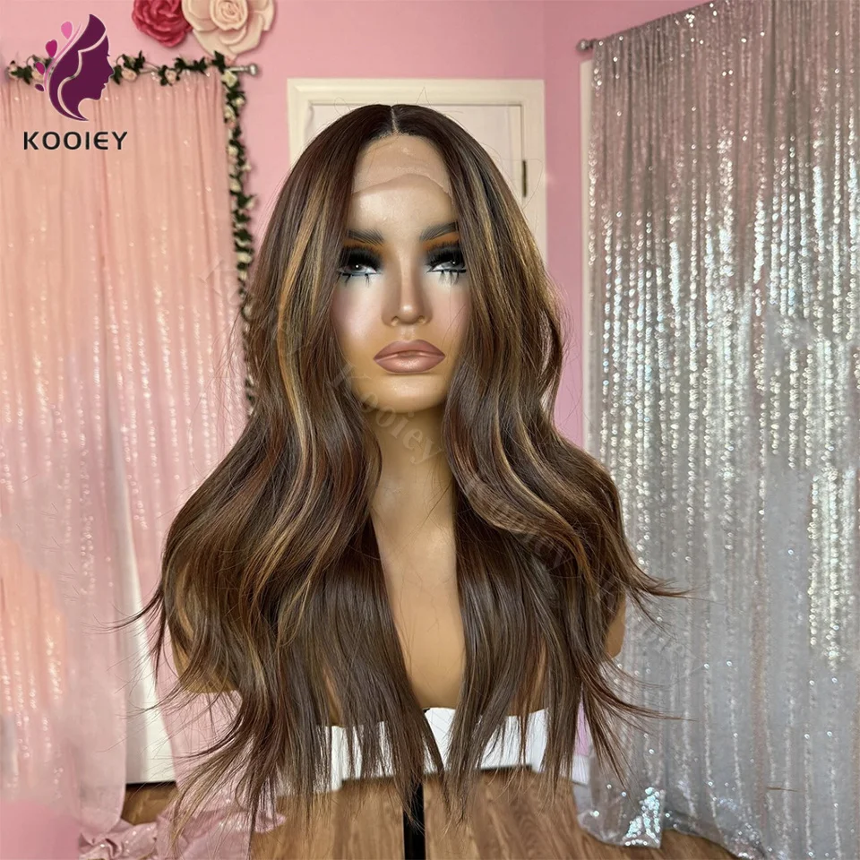 

Chocolate Brown Lace Front Wig Human Hair Highlight Wig Human hair Lace Front 13x4 Light Golden Brown Balayage Natural Wave Wig