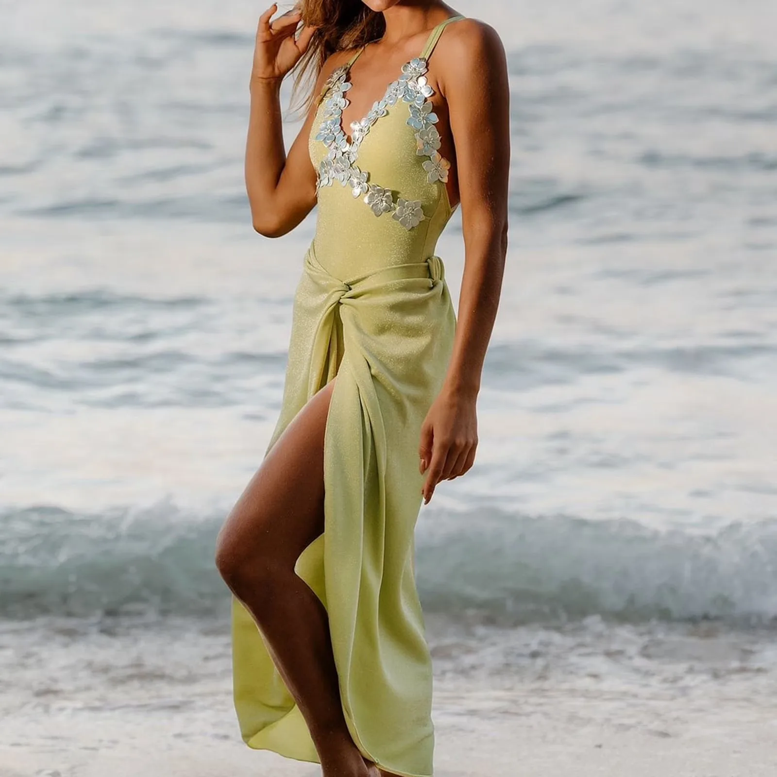 One Piece Swimsuit with Sarong Set Women Green V Neck Applique Bathing Suit Elegant Swimwear Swimming Beach Vacation Resort Wear