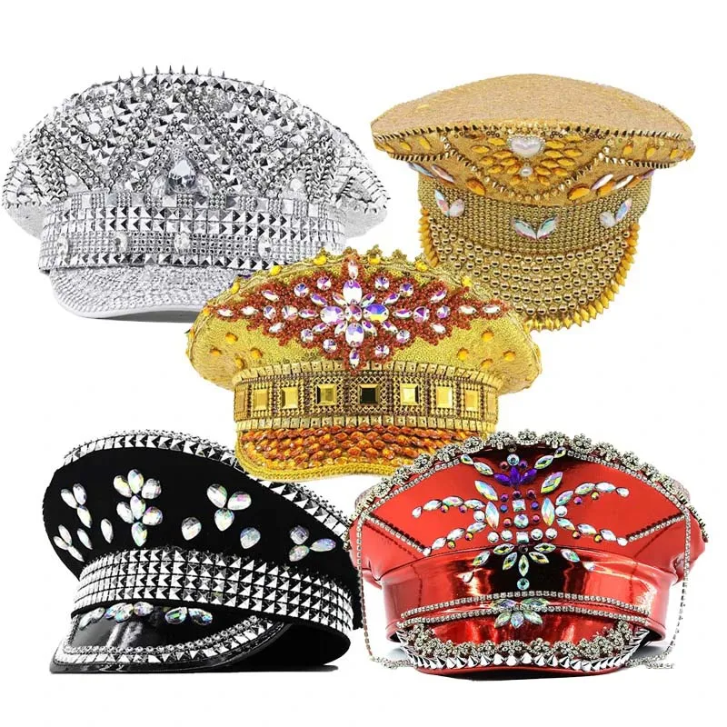 Sequin Top Hat Club Stage Performances Cap Festivals Party Headdress Rhinestones Rivet Studded Glitter Dj-Hat Party Dance Hat