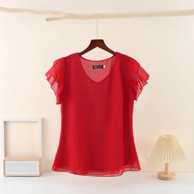 

Женские летние футболки, модные свободные шифоновые топы с v-образным вырезом, повседневная футболка, блузка, струящийся дизайн, сексуальное универсальное летнее платье