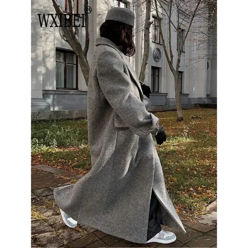 Retro Turn Down Collar Long Coat Women Autumn Solid Long Sleeve Maxi Coats Female Elegant Chic Oversize Double Breasted Outwear