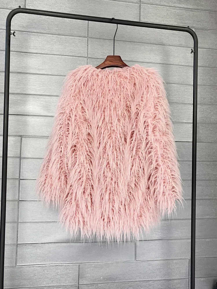 Mongolia Sheep Fur Women Medium Long Coat Jacket Colorful Warm Faux Fur Plush Coats Female Jacket Autumn Winter Furry Outerwear