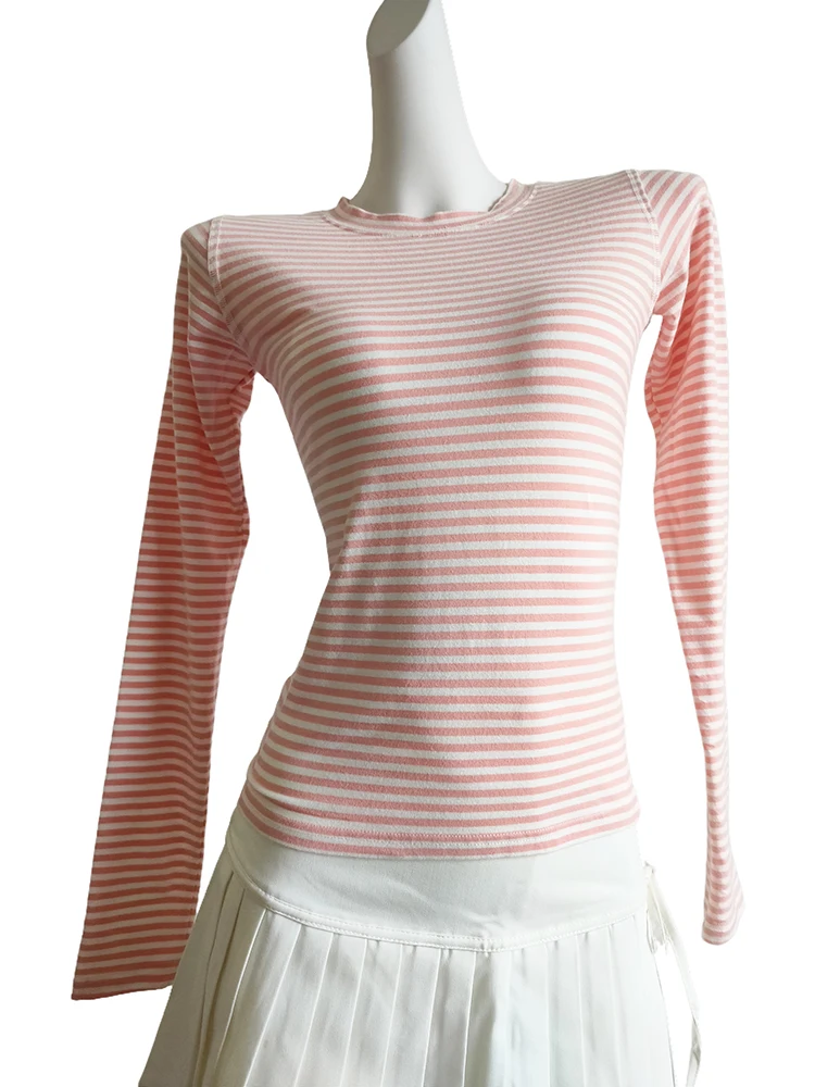 

Pink Striped TShirts Women Long Sleeve Sweet T-Shirts for Ulzzang Girls Tops Tee Harajuku Clothes