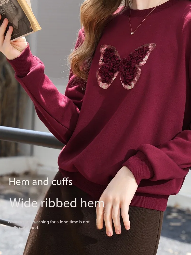 I BELIEVE YOU Rotes Sweatshirt für Damen, 2022, Herbst-Winter-Mode, dreidimensionales Schmetterlings-Fleece-Sweatshirt mit Rundhalsausschnitt, 2254196151