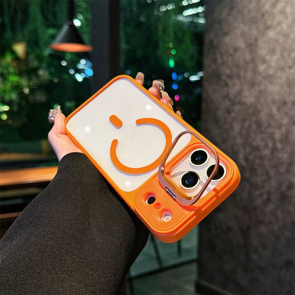 

Прозрачный чехол для телефона Magsafe с держателем для iPhone 17 Pro Max Air 16 Pro 15 14 13, противоударный чехол с магнитным металлическим объективом