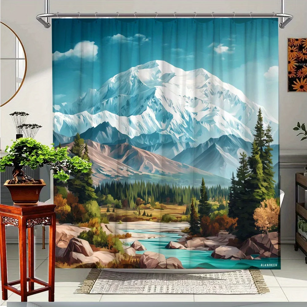 1pc Scenic Mountains Landscape Shower Curtain Featuring Stunning Nature Views for A Relaxing Atmosphere, Bathroom Decor Polyeste