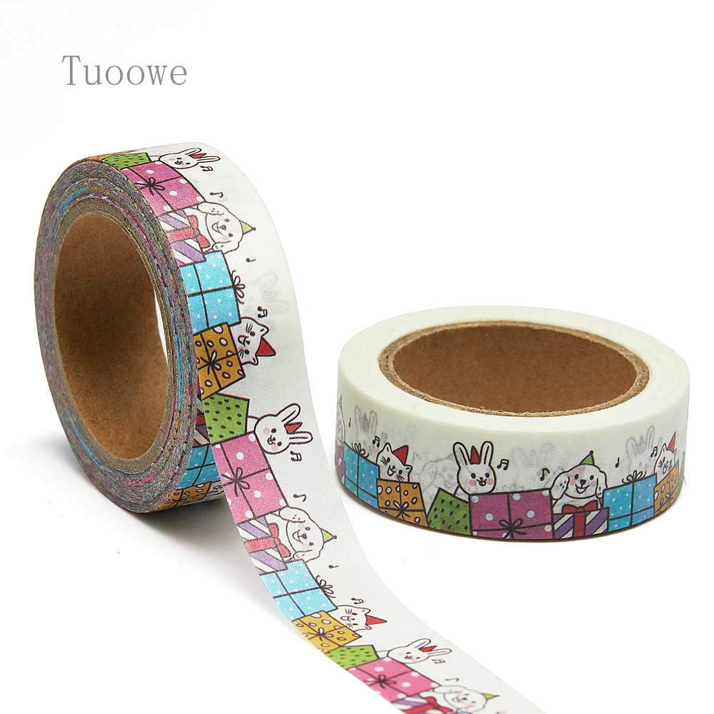 NEW 1PC 15mm x 10m Catoon Cute Dog Bunny Cat Presents Washi Tape Scrapbook Masking Adhesive Washi Tape Stationery