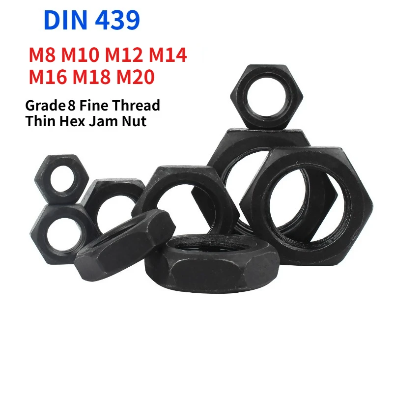 Grade 8 Black Fine Thread Thin Hex Jam Nut DIN439, High‑Strength Carbon Steel Fine Pitch Low Profile Hexagon Nut M8‑M20
