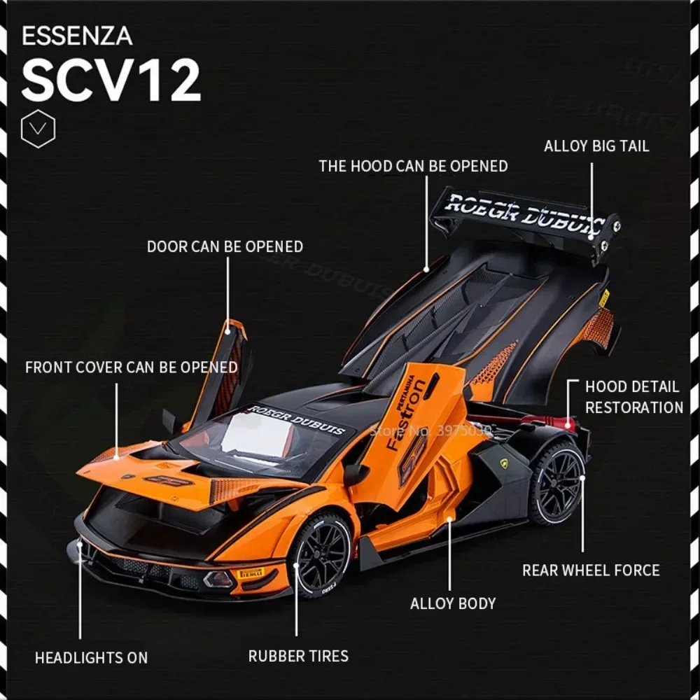 1:24 SCV12 Alloy Toy Car Model Metal Diecast Racing Vehicles with Sound Light Pull Back Doors Opened Toys Livingroom Decorations