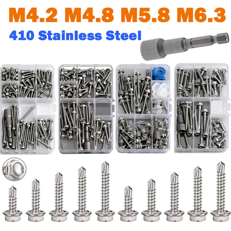 Hex Head Self Drilling Screws Assortment Kit M4.2 M4.8 M5.8 M6.3 410 Stainless Steel Self-Tapping Screws for Sheet Metal