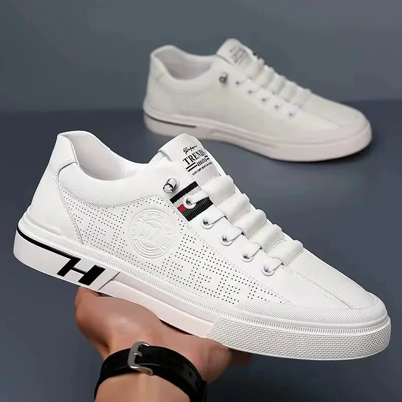 Tênis casual de marca masculina, couro respirável, sapato vulcanizado, branco, sapatos baixos confortáveis, designer