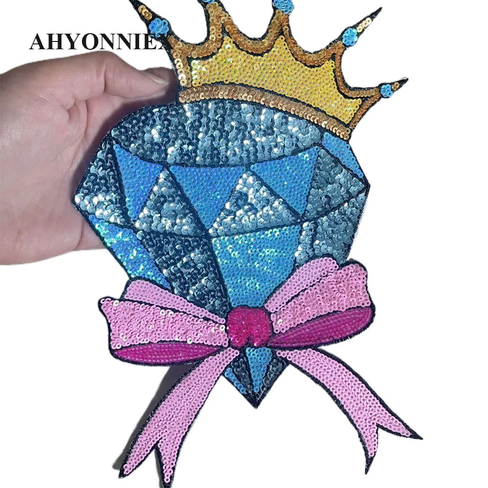 1 Piece Blue Diamond With Bow Crown Sequins Embroidery Patches For Clothing Sticker Appliques Iron On Patches