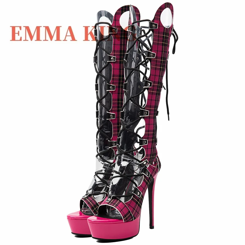 Women Plaid Pattern Knee High Gladiator Sandals Lace Up Cut‑out Stiletto Sandals Trendy Nightclub Fashion Footwear Big Size 45