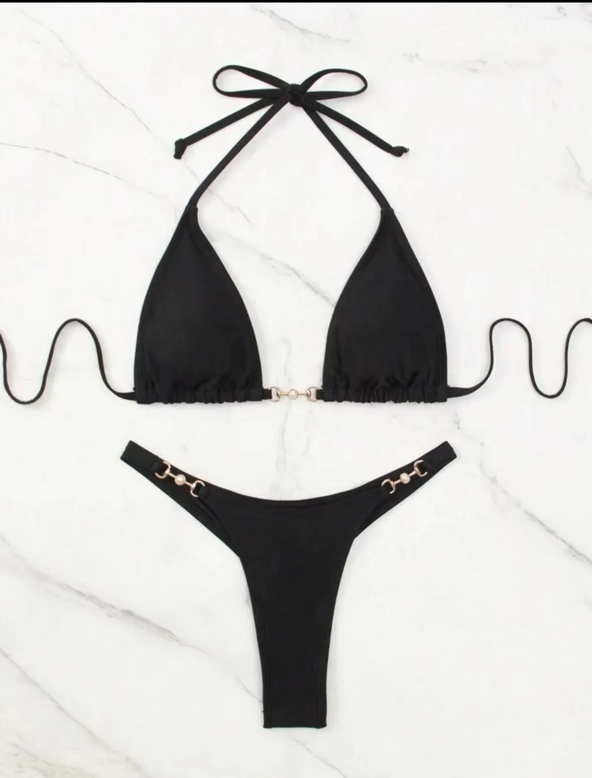 Sexy solide noir perle licou cravate bikinis ensembles deux pièces string maillots de bain maillots de bain maillot de bain maillots de bain biquini tankini