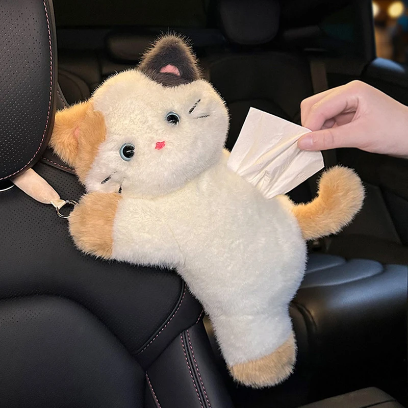 

Cute Cat-Shaped Car Tissue Box Cartoon Style Car Accessories Creative Plush Hanging Bag Car Seat Back Tissue Case