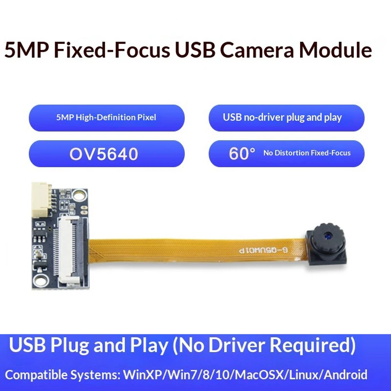 5MP OV5640 HD USB Plug-and-Play Camera Module 1080P 40fps Fixed Focus 60° FOV for DIY Robot Development Kit Computer Vision