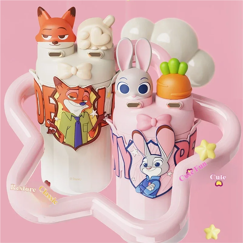 Disney Nick/Judy Thermos Cup 550ml Stainless Steel Vacuum Flask Acid&Alkali-Resistant Keep Hot/Cold With Cup-Lid&Straw Portable