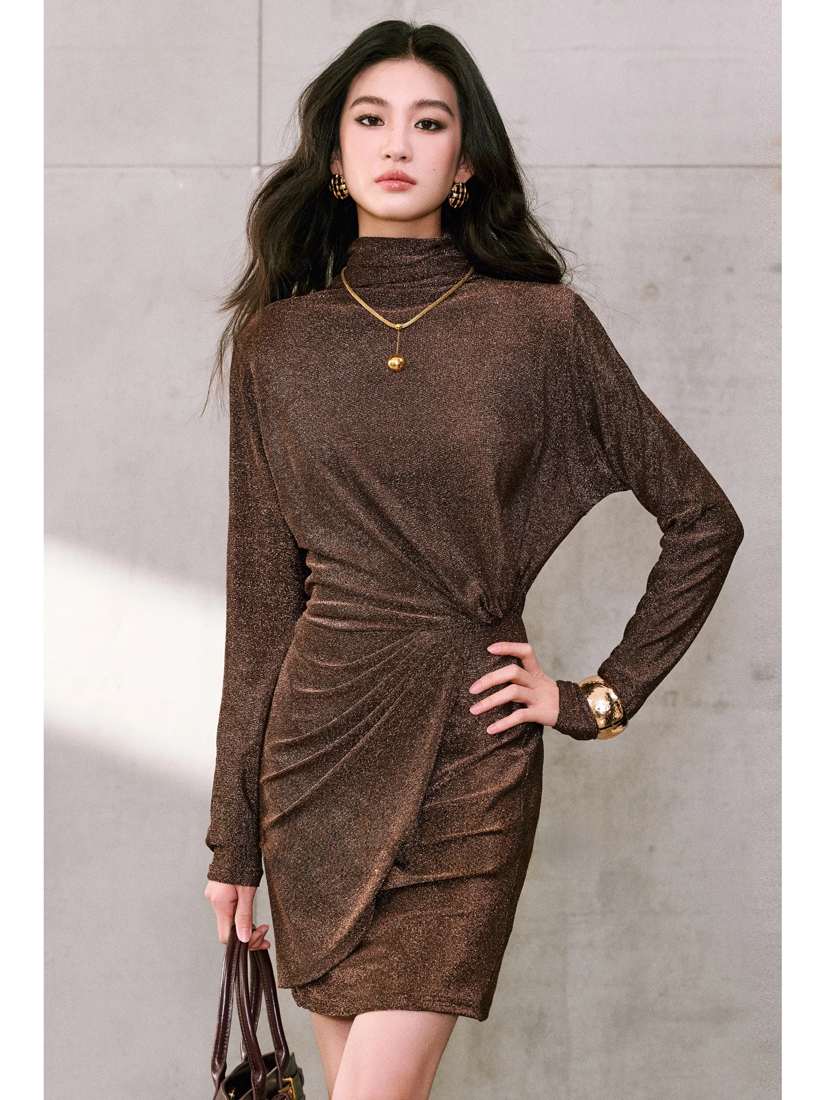 

WANGXO Sparkling Flash Silk Knitted Short Dress High Collar Twist Pleated Slim Fit Bodycon Elegant Style City Commute Wear