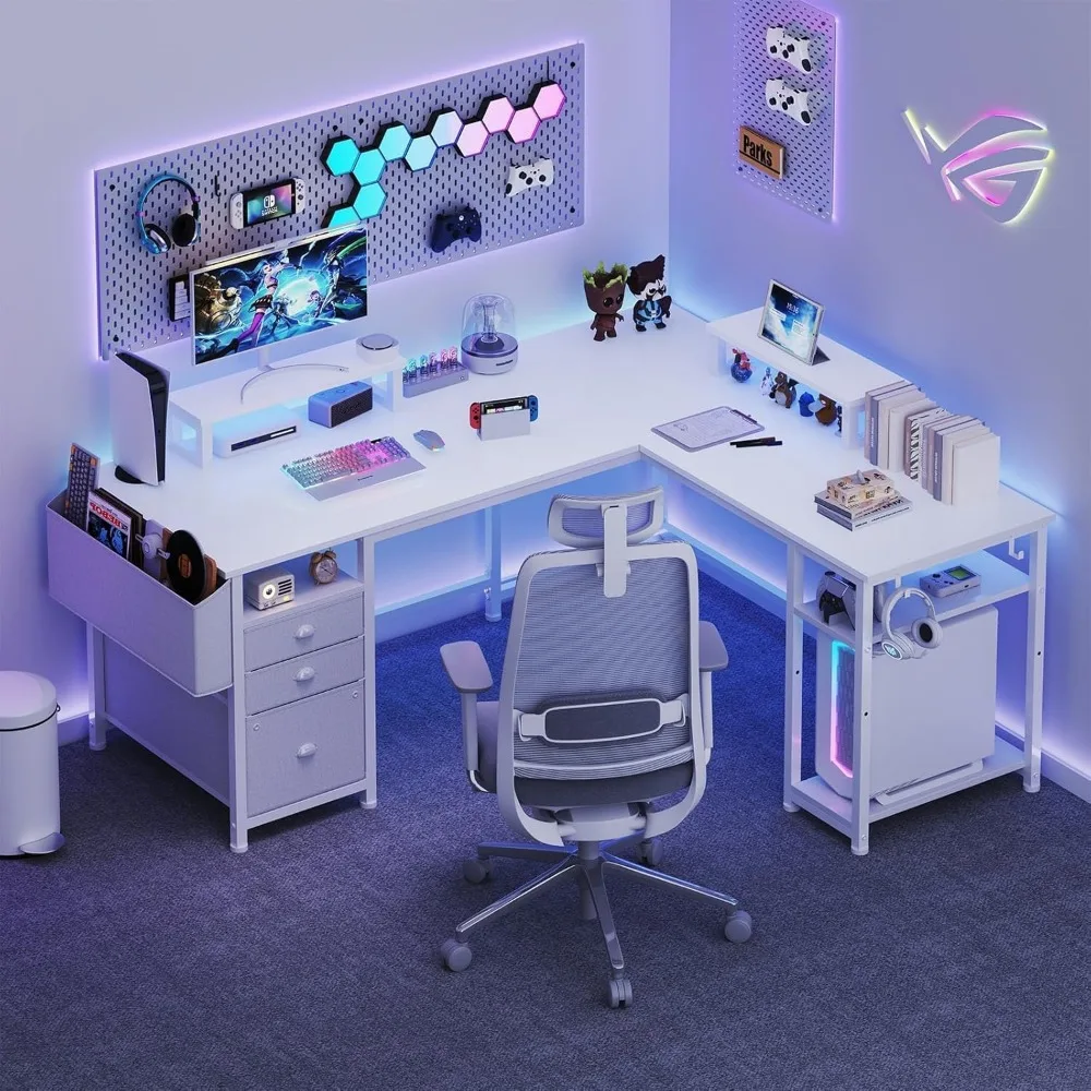 Large L-Shaped Computer Desk with Fabric File Drawers, 66 Inch Home Office Desk, Storage Cabinet, Filing System