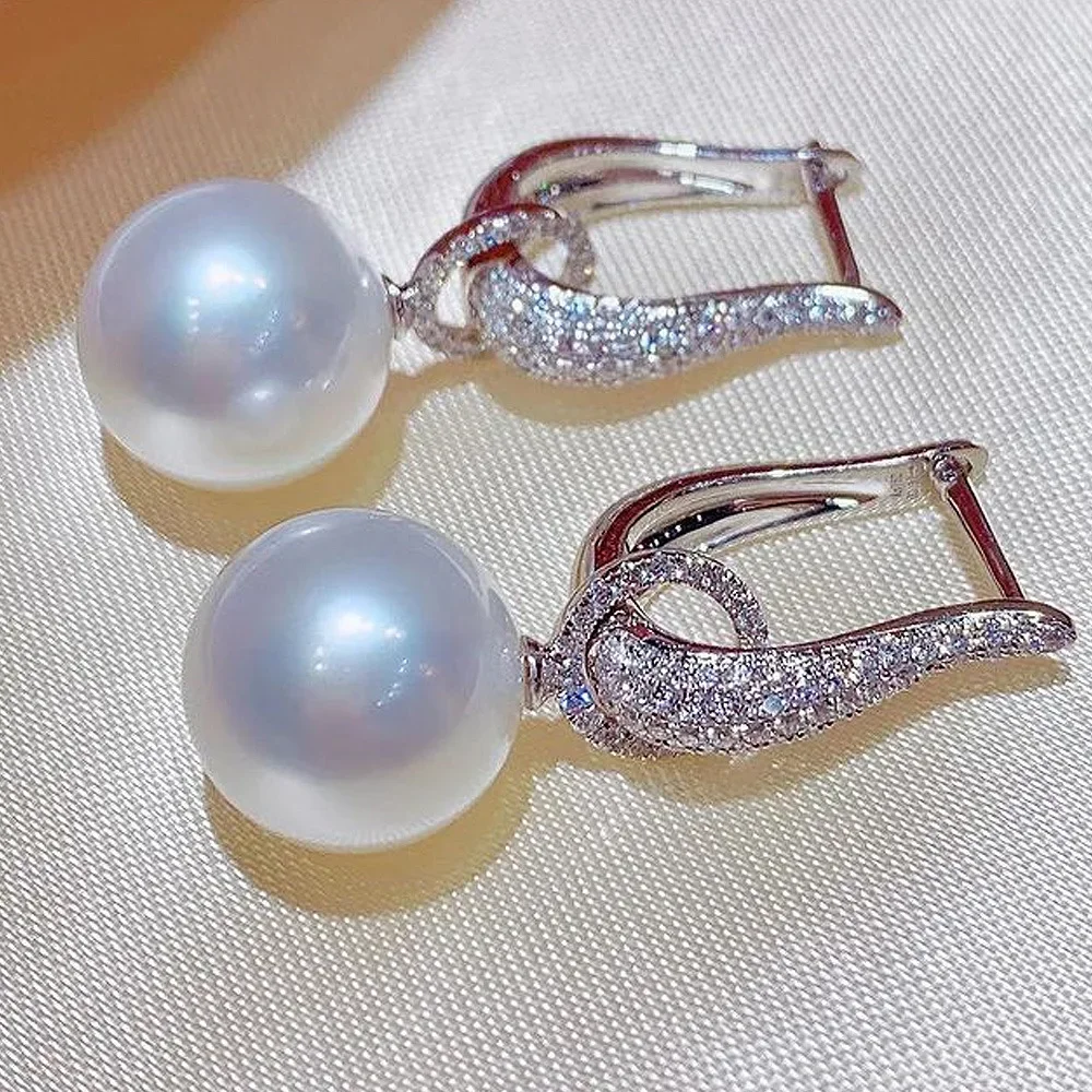 Luxury Fashion 925 Silver Cubic Zirconia Naturally Pearl Earrings for Women High Quality Silver Color Temperament Lady\'s Earring