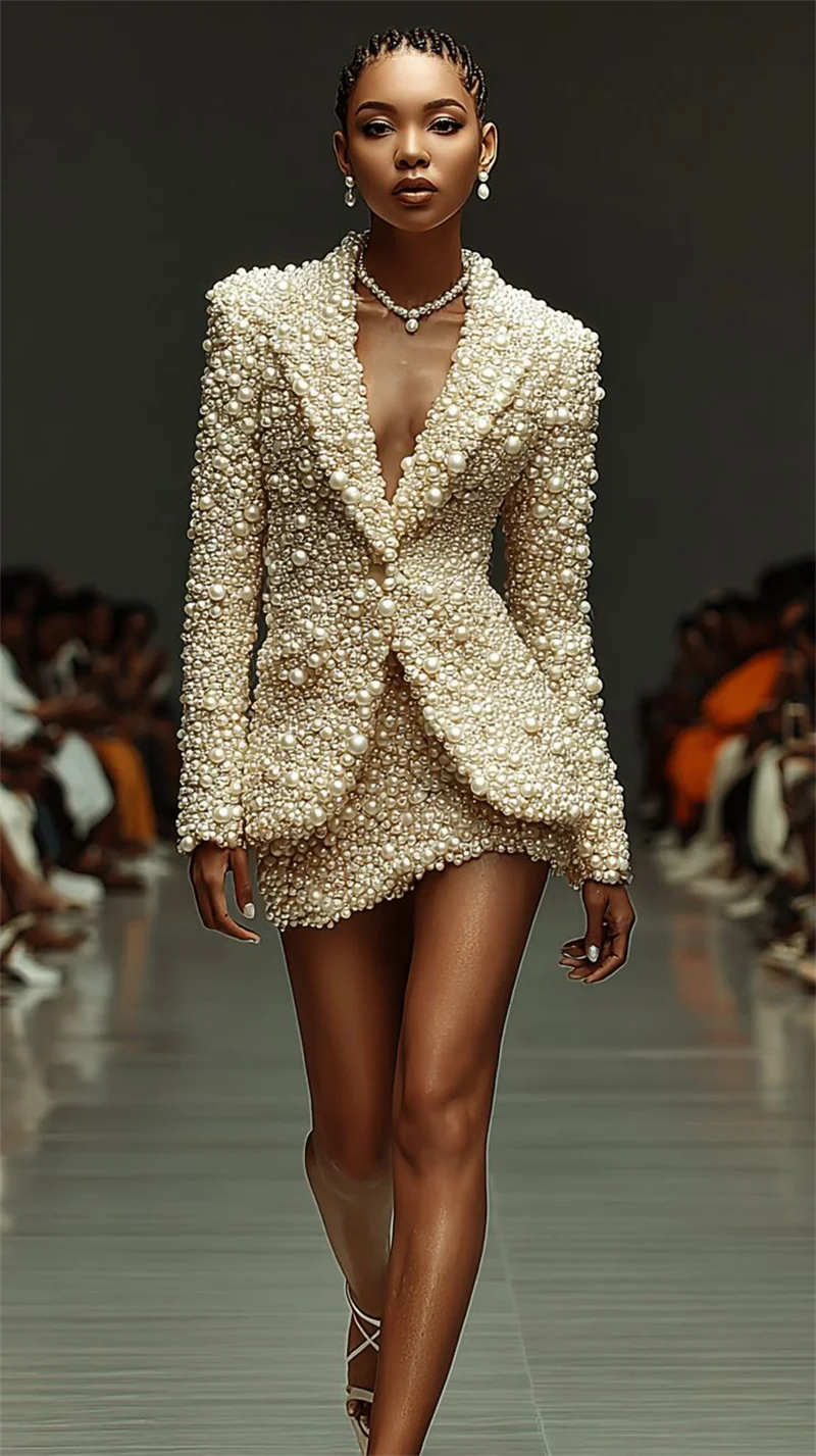 

Luxury Pearls Women Suit Set 2 Pcs Blazer+Prom Dress Formal Office Lady Jacket Customized Wedding Guest Coat(No Back Pearls)