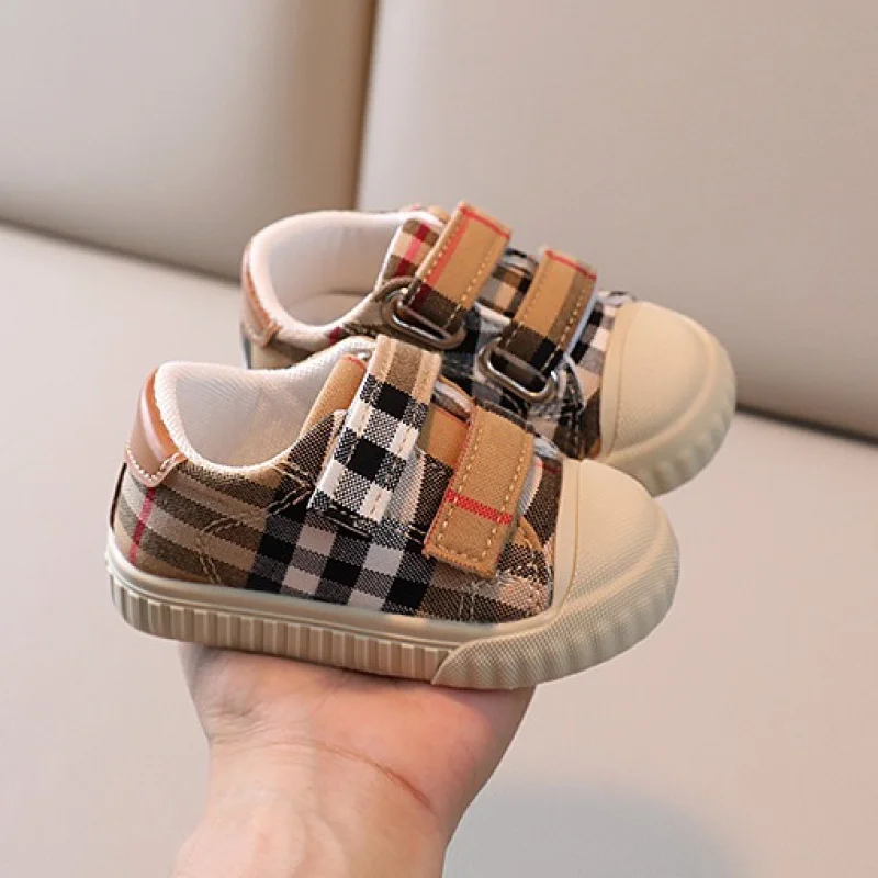 2025Spring and Autumn New Shoes Boys Checked Cloth Girls Canvas Soft Bottom Toddler Shoes