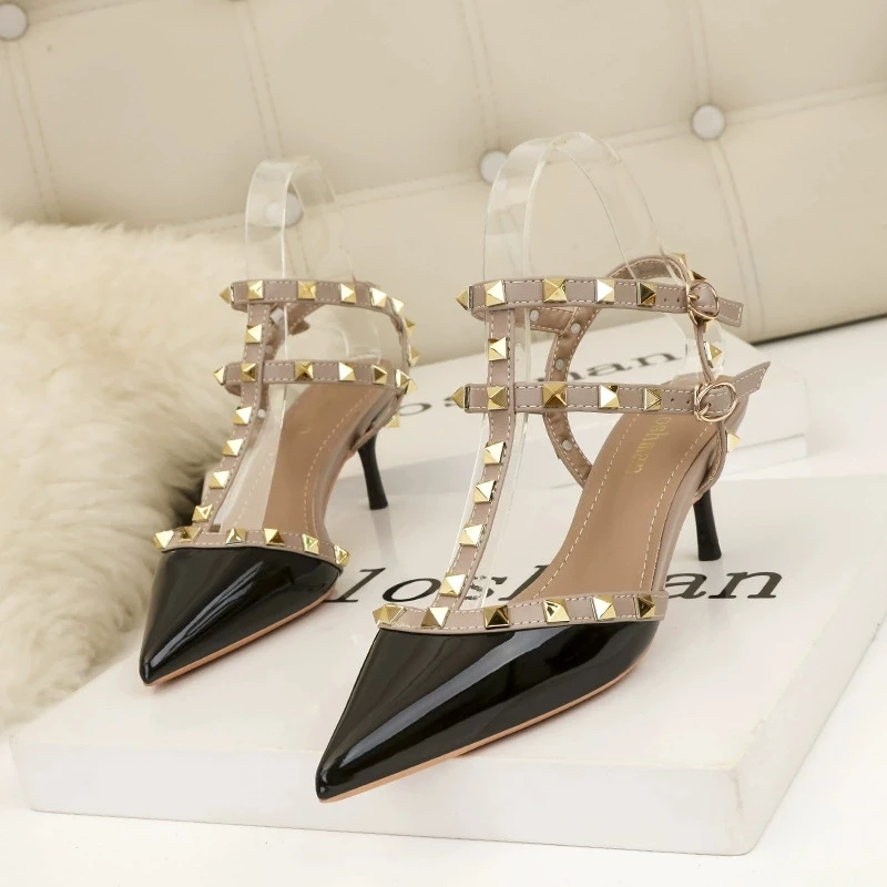 

2025 Women's Shoes Rivets Sandals Female Summer Thick with Fine with High-heeled Shoes Pointed Stiletto Sexy Nightclub Shoes