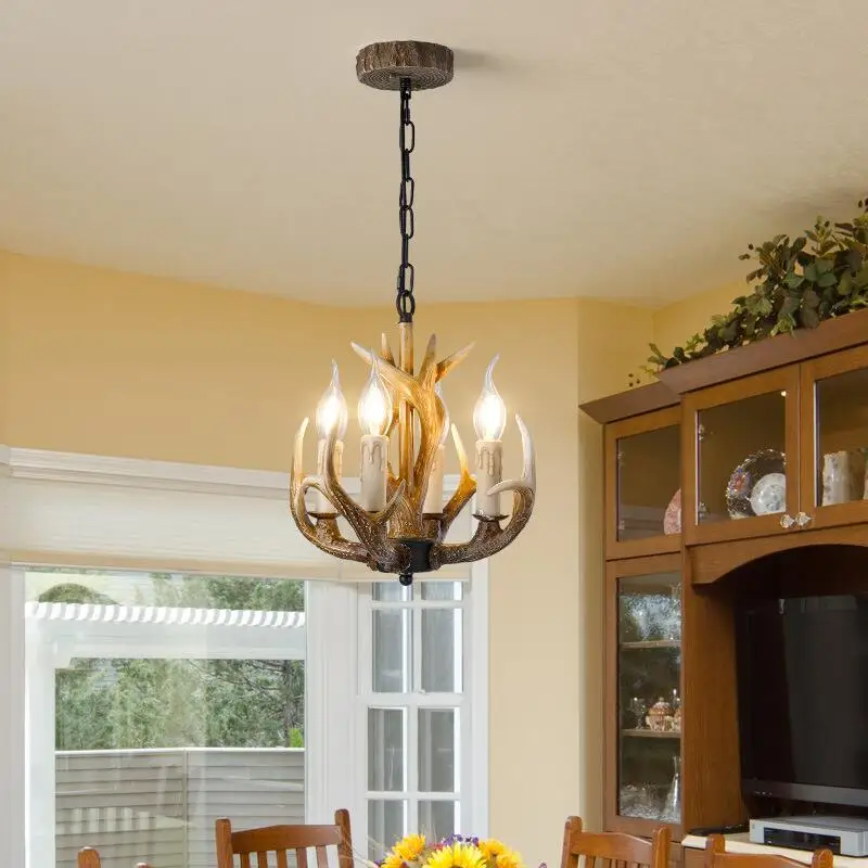 Retro Wooden House Chain Pendant Light American Deer Antler Resin Handicraft Restaurant Led Creative Personality Chandelier