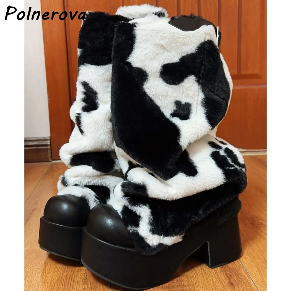 Cow Print Furry Ankle Boots Platform Chunky Heels Black White Slip On Round Toe Warm Shoes Winter Women Lovely Mixed Color Shoes