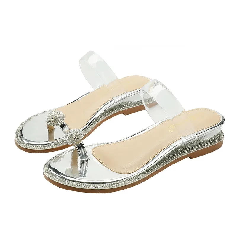 Rhinestone Fashion Sandals 2024 New Wedge Silver Sexy Women Summer Sandals Transparent Slippers