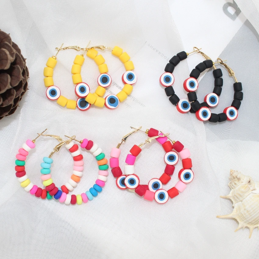 New Fashion Demon Eye  Polymer Clay Earrings  Drop Earrings For Women Gold Color Metal Round Hoop Earings Fashion Jewelry