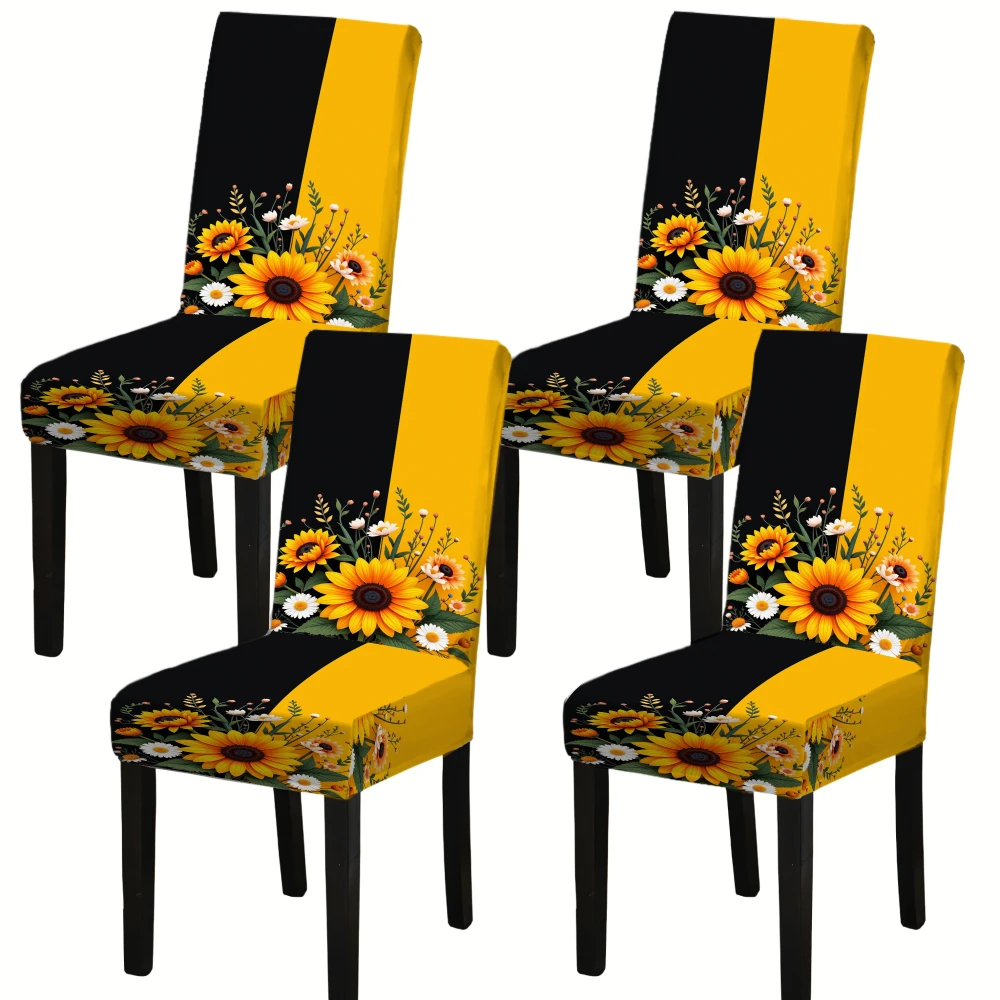 4/6 قطعة غطاء كرسي مرن نمط عباد الشمس تمتد غرفة الطعام مقعد حامي أصفر أسود الأزهار الأثاث يغطي مجموعة #6