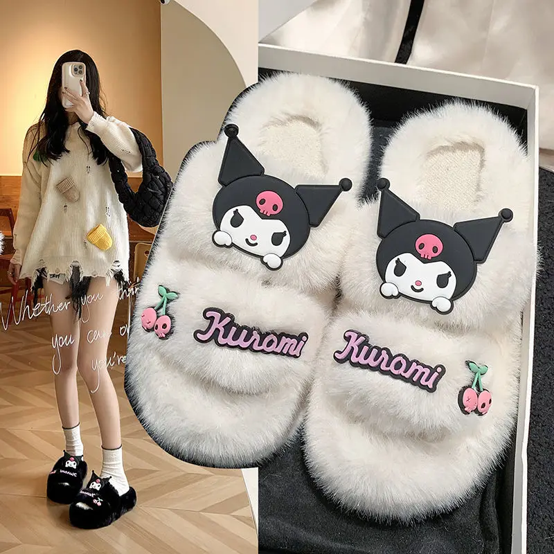 

Sanrio Kuromi Cute Cartoon Lovely Fluffy Slippers Female Wearing Autumn Winter Kawaii Anime Thick Bottom Shoes Gifts for Girls