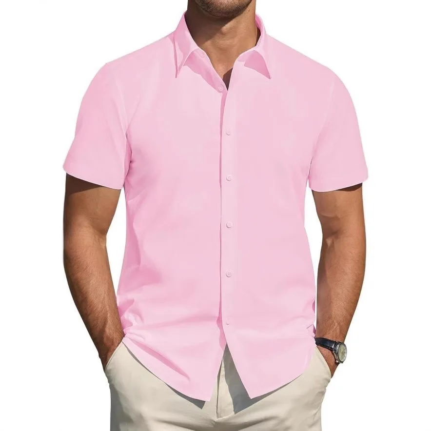 New Men's Business Casual Solid Color Short Sleeved Shirt for Summer Fashion No Ironing Comfortable and Versatile Top
