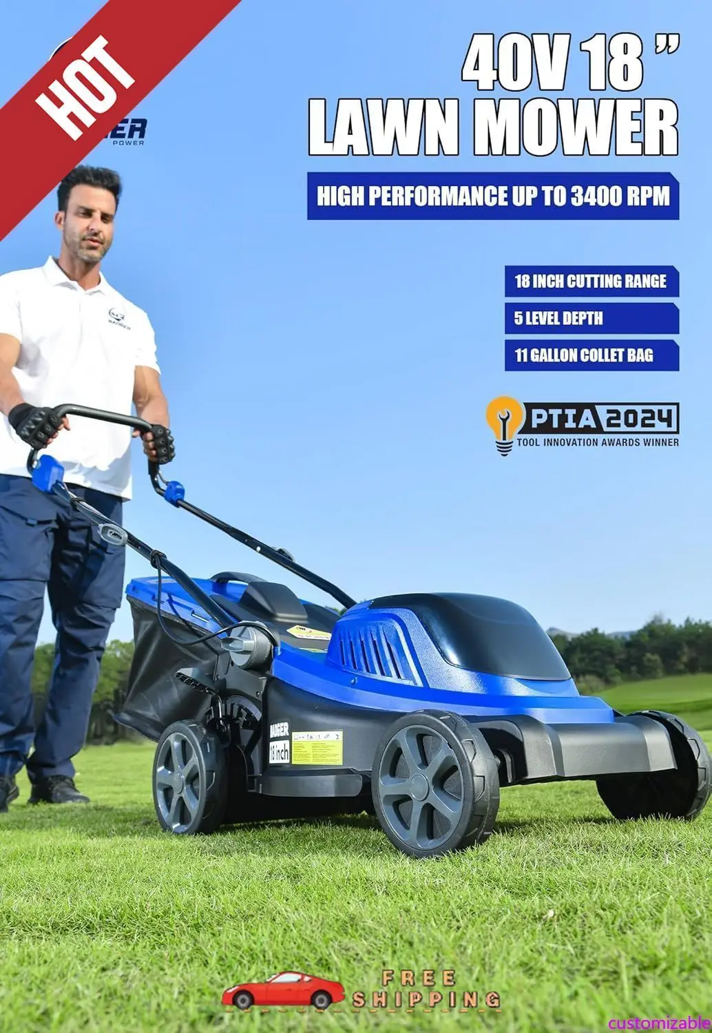 

Customizable Lawn Mower 40V Brushless 18" Cordless, 5 Cutting Height Adjustments Electric Lawn Mower, Quickly