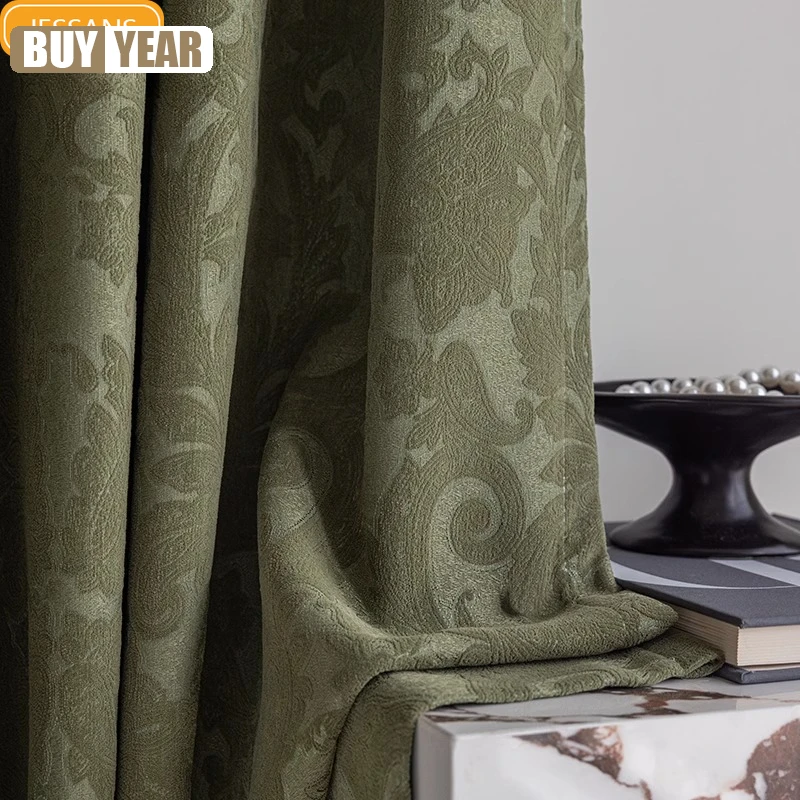 Vintage Green European Style Chenille Jacquard Beige Curtains for Living Room Bedroom Balcony French Window Partition Curtain