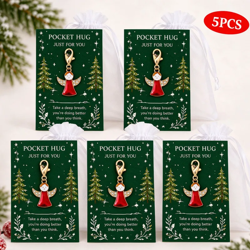 5item10Christmas Angel Pocket Hug Keychain Gift Set，Comes with an inspirational greeting card and an organza bag，Guardian Angel