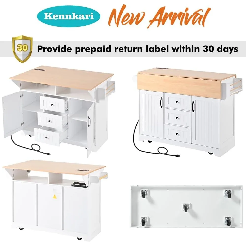 جزيرة مطبخ متنقلة بأوراق قطرة مزدوجة ومخرج طاقة ومنشفة ورفوف توابل