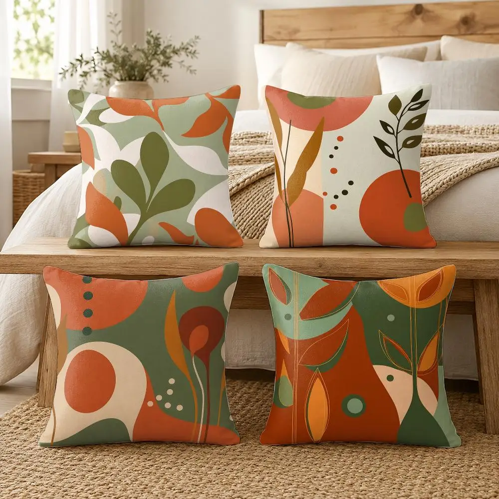 Abstract Orange Green Leaf Cushion Cover Silky Short Plush Invisible Zipper Dustproof Sofa Pillow Case For Home Decor