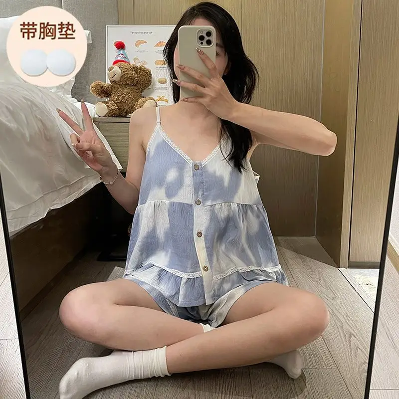 

Cloud Cotton Women's Sleepwear With Chest Pad Summer Thin Home Clothes Sexy Sweet Lace Two-Piece Set V-neck Sleeveless Home Clot