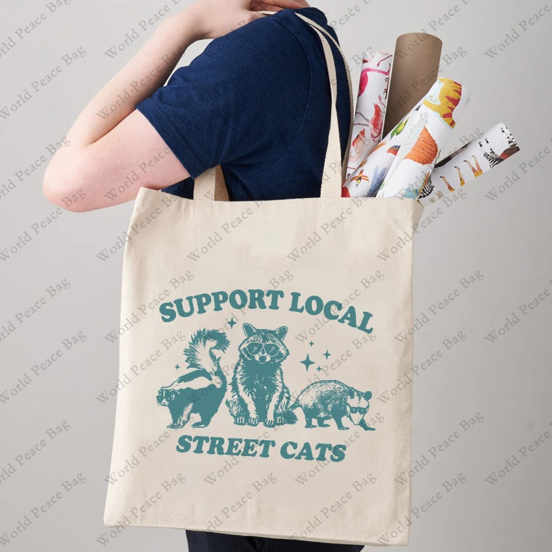 1pc Support Your Local Street Cats patternTote Bag Canvas Shoulder Bag For Travel Daily Commute Women\'s Reusable Shopping Bag